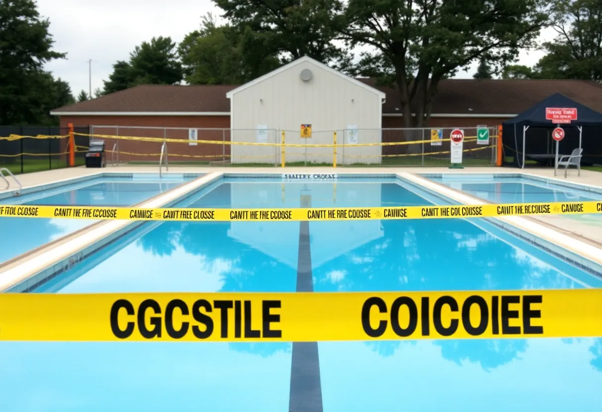 Empty Asheville community pool with safety precautions in place