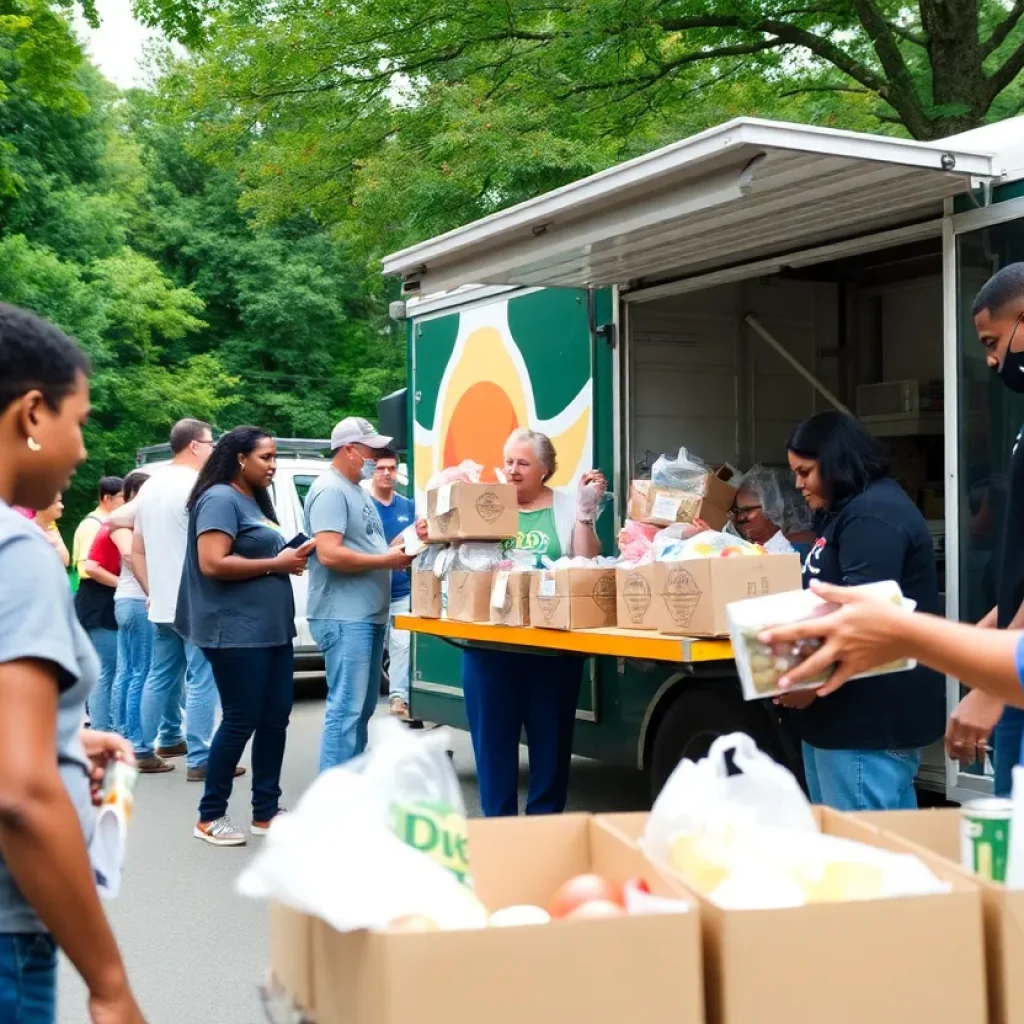 Community members participating in a mobile pantry event in Asheville