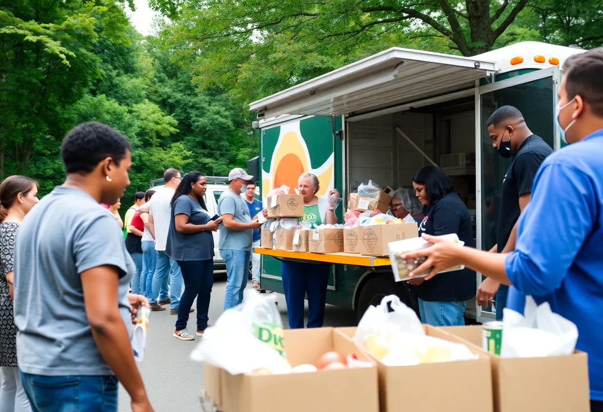 Community members participating in a mobile pantry event in Asheville