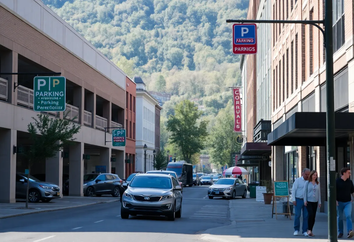 Downtown Asheville with visible parking garages and street activity