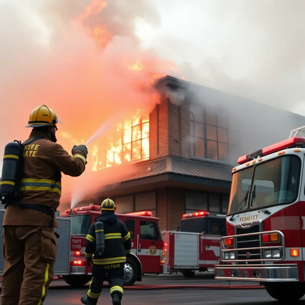 Firefighters extinguishing a fire at Goodwill Industries outlet in Asheville