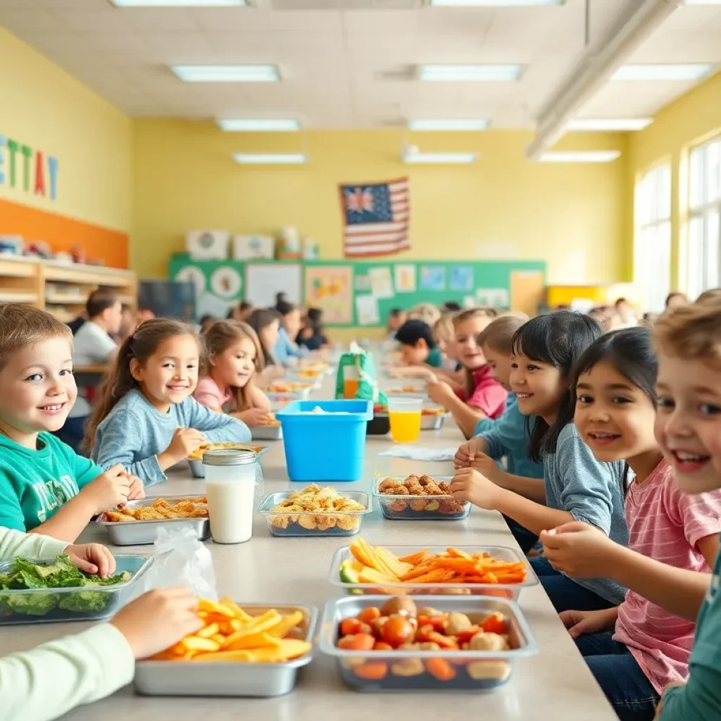 Group of school children enjoying nutritious meals in a cafeteria
