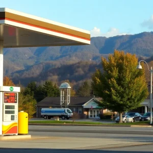 Gas station in Asheville, NC with price signage.
