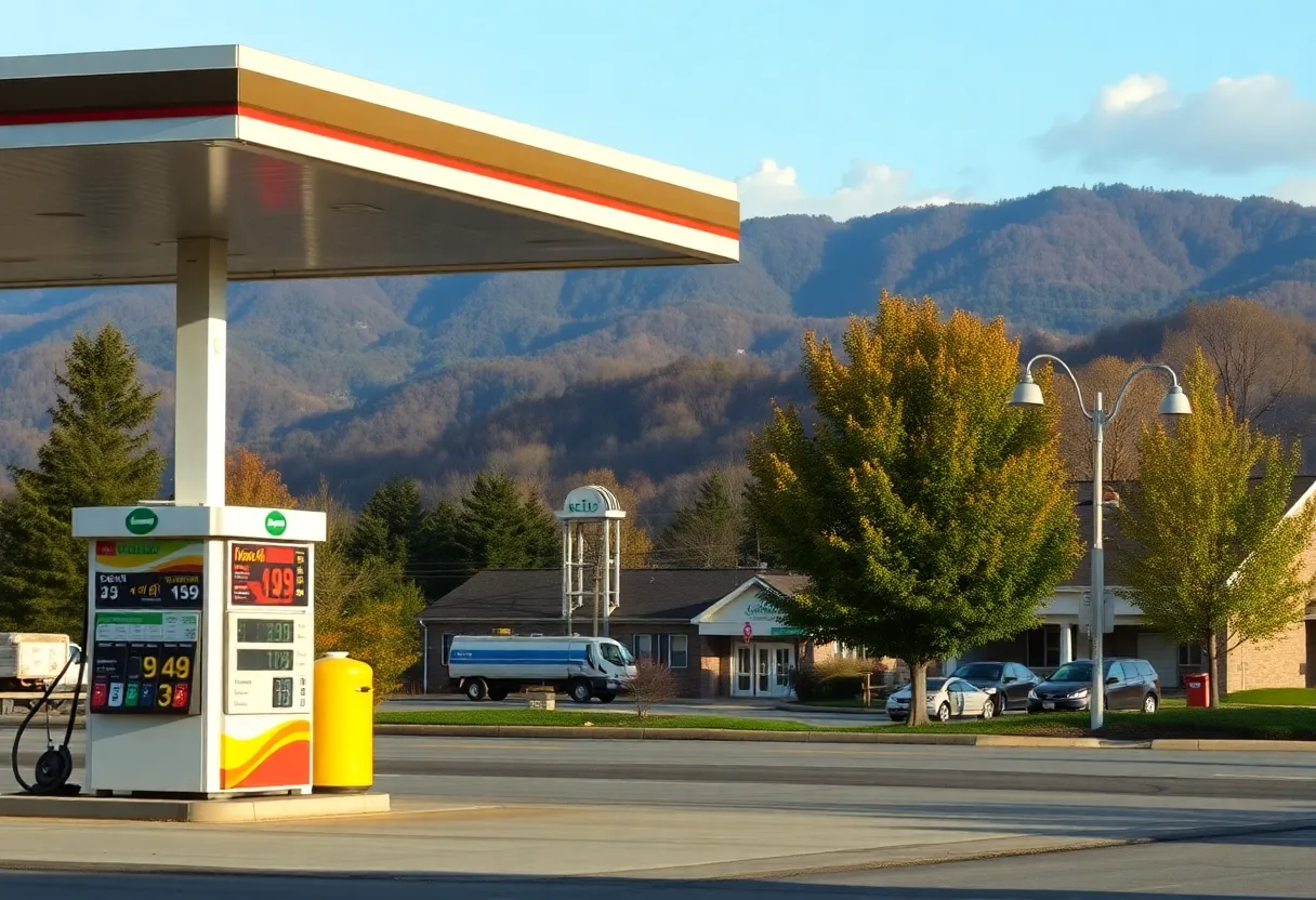 Gas station in Asheville, NC with price signage.