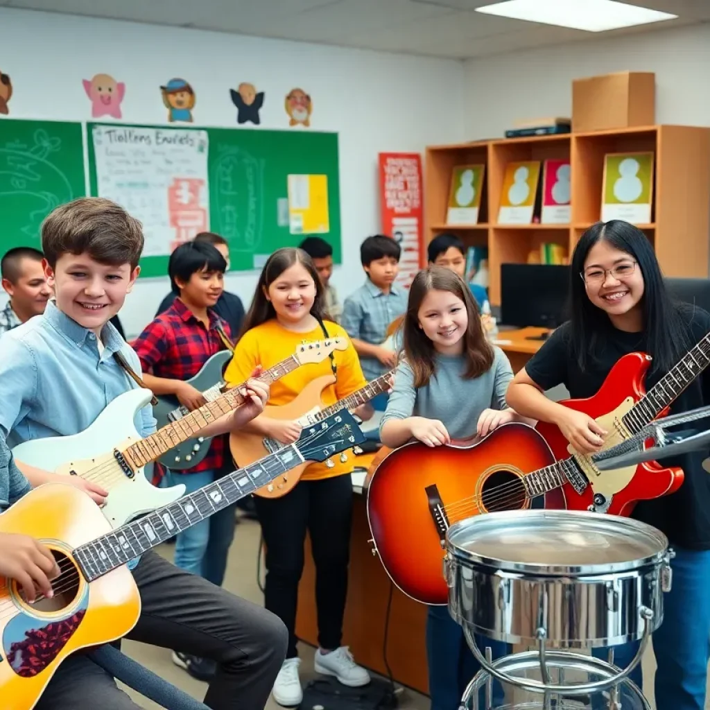 Students practicing music with donated instruments at Asheville Middle School