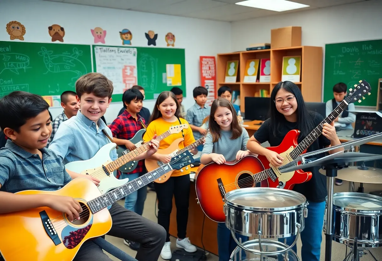 Students practicing music with donated instruments at Asheville Middle School