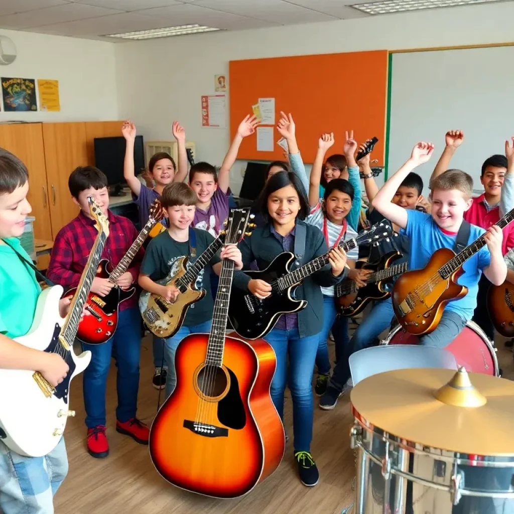 Students at Asheville Middle School receiving musical instruments from the guitar donation drive.