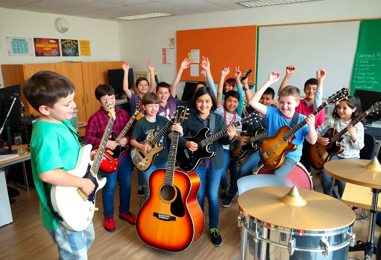 Students at Asheville Middle School receiving musical instruments from the guitar donation drive.