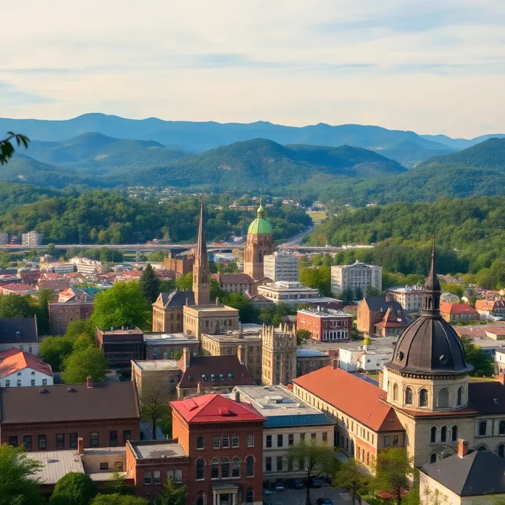 A scenic view of Asheville, North Carolina with green mountains and artistic buildings.