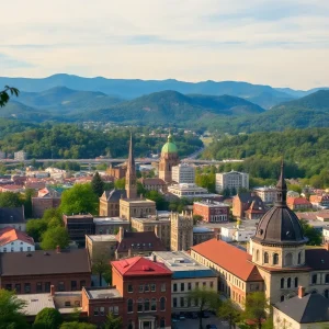 A scenic view of Asheville, North Carolina with green mountains and artistic buildings.