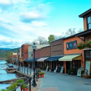 Scenic view of Asheville's River Arts District with artists and tourists after recovery efforts.