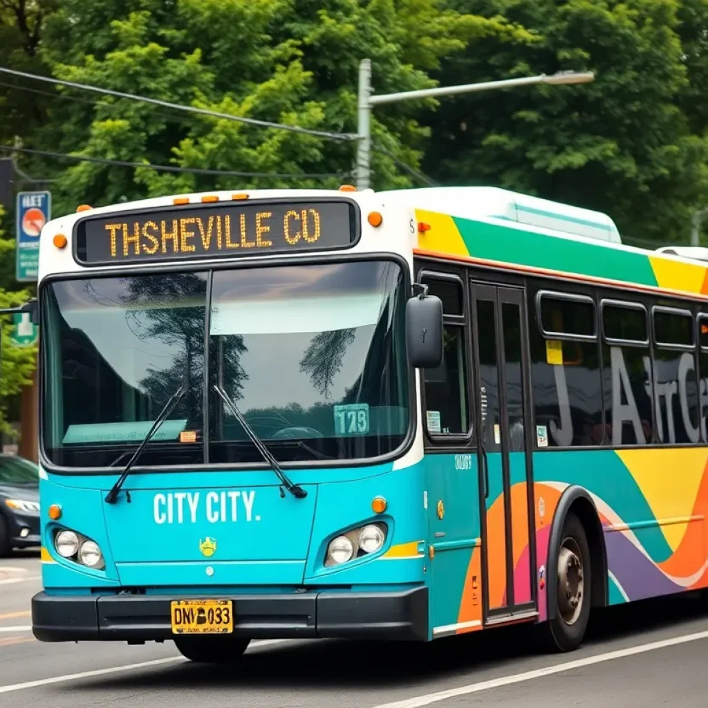 City bus of Asheville Rides Transit driving through the city