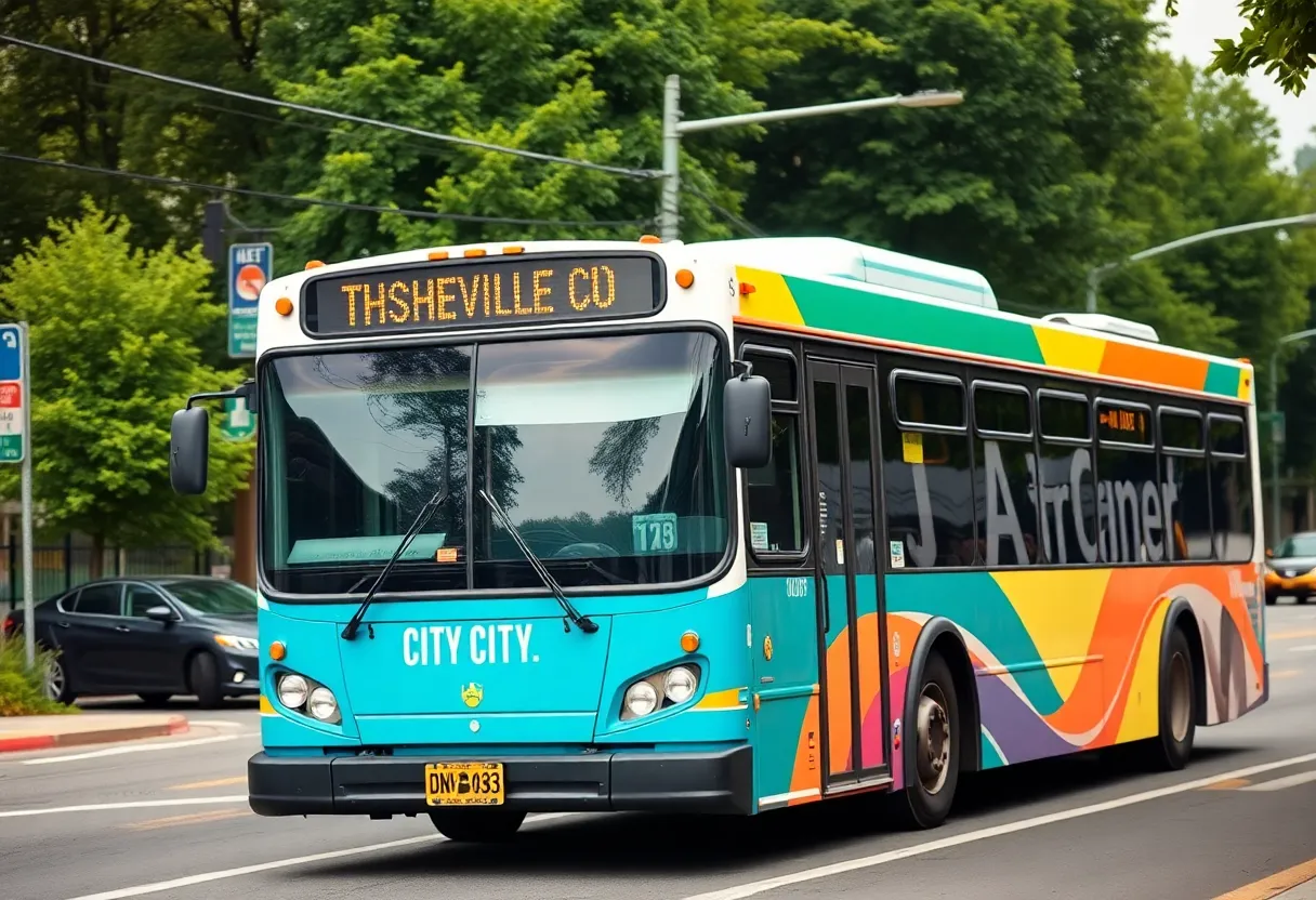 City bus of Asheville Rides Transit driving through the city