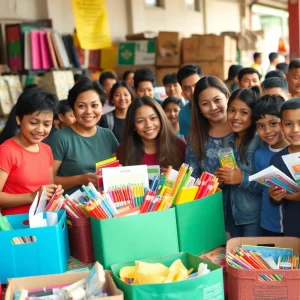 Community volunteers at the Asheville school supply drive collecting donations.