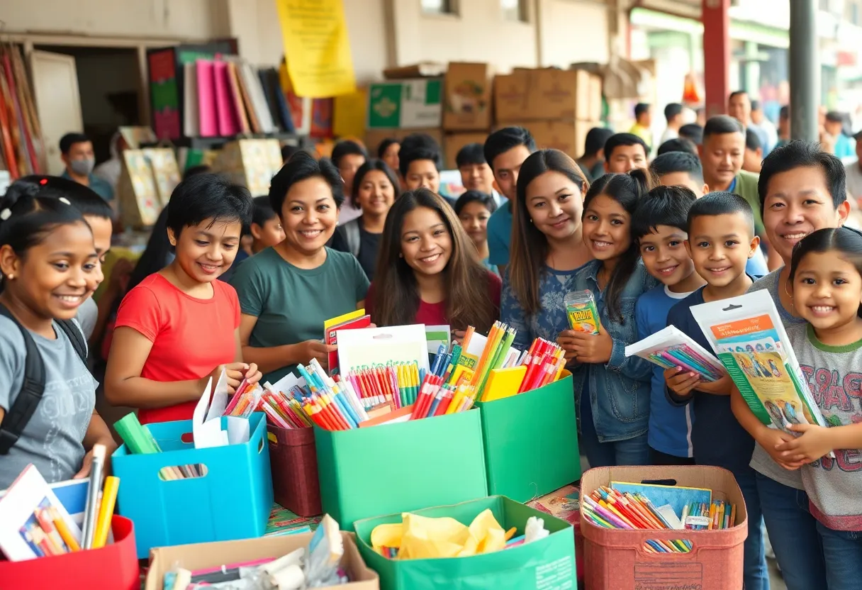Community volunteers at the Asheville school supply drive collecting donations.