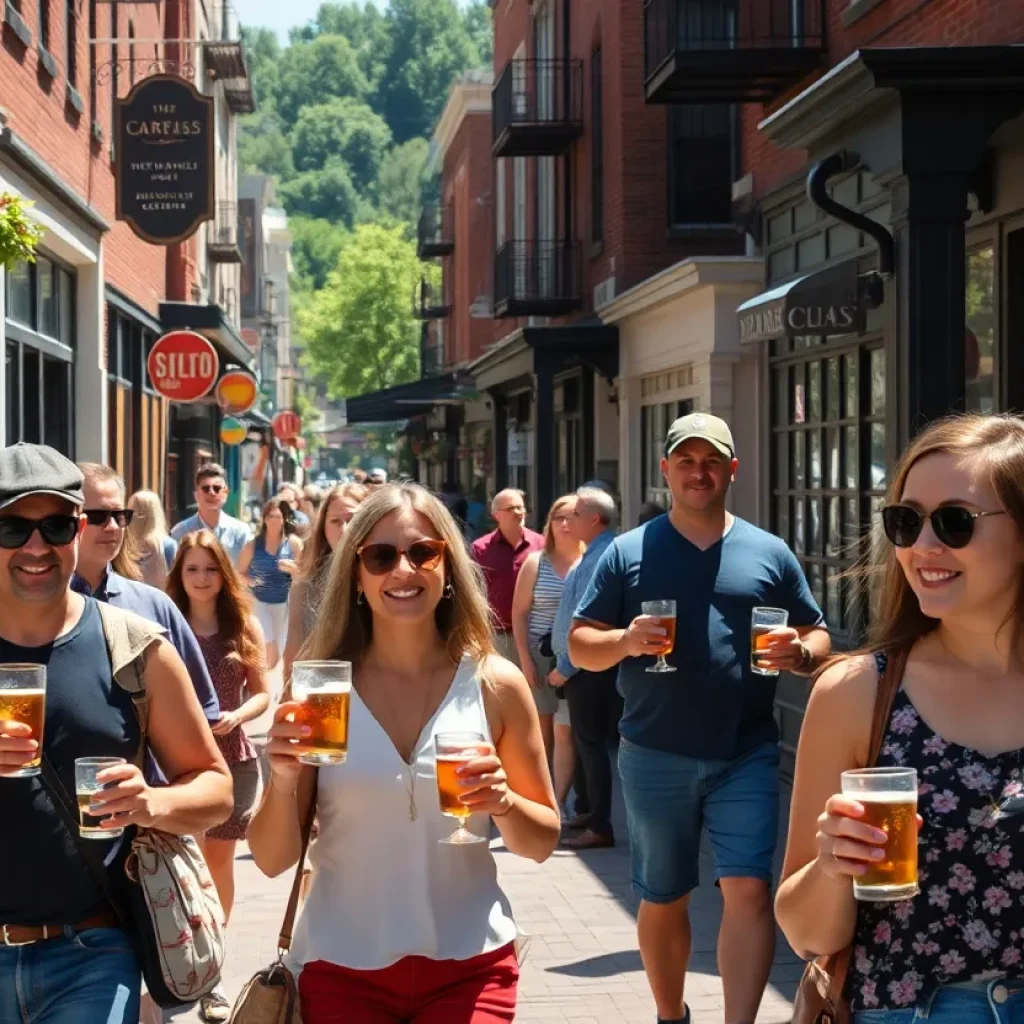 People walking in downtown Asheville with open alcoholic beverages.