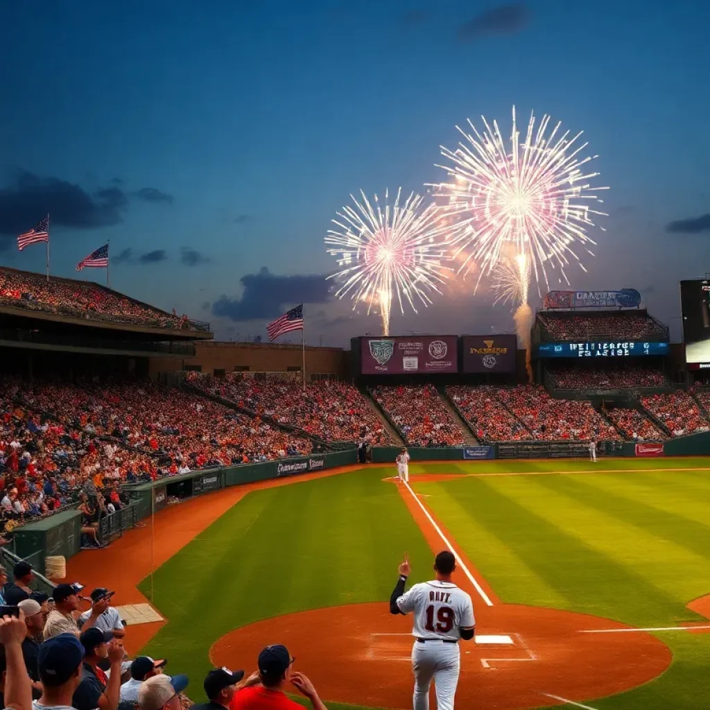 Asheville Tourists baseball team celebrating a victory with fireworks in the background