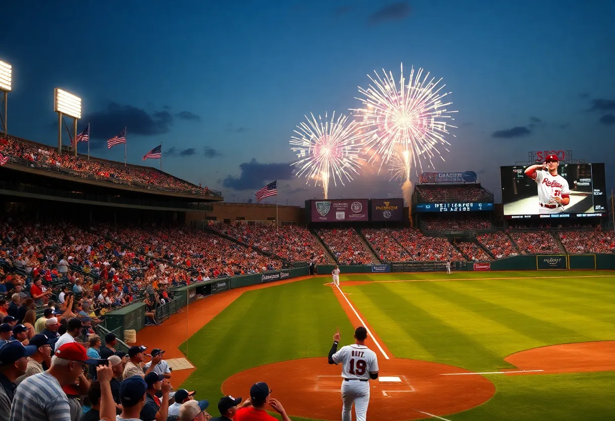 Asheville Tourists baseball team celebrating a victory with fireworks in the background