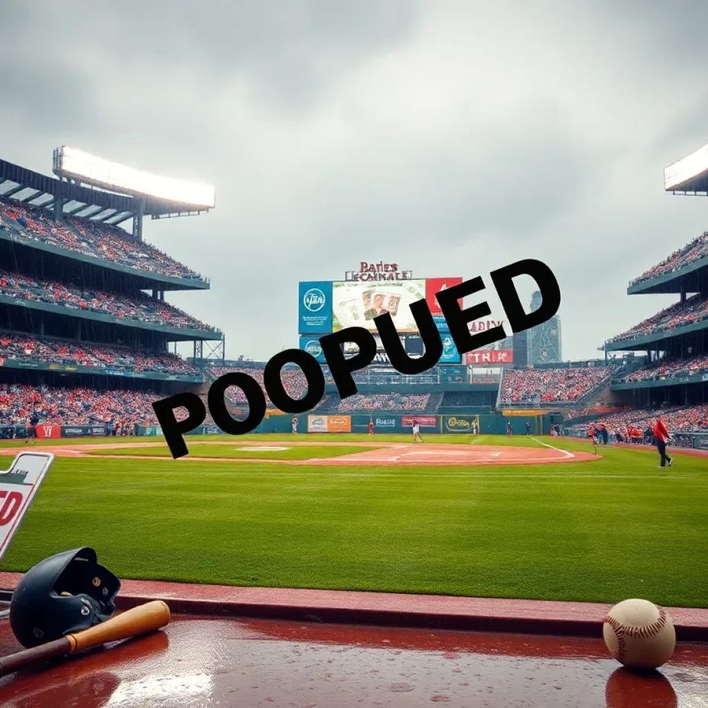 Baseball field with a postponed game sign due to rain.