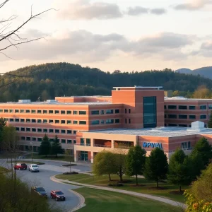 Asheville VA hospital with a nature backdrop signifying health and support for veterans.