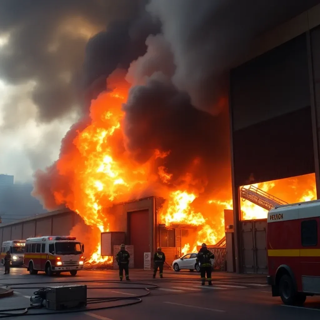 Firefighters combating a warehouse fire in Asheville