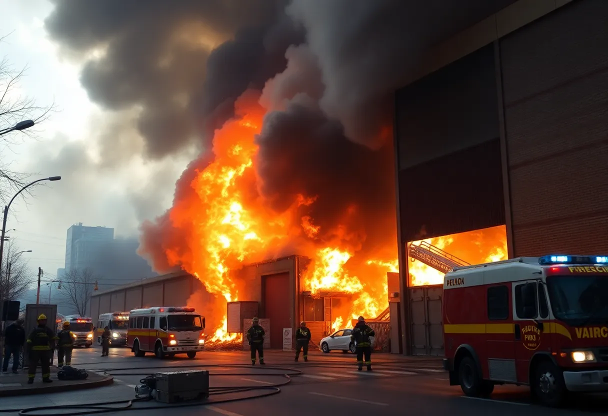 Firefighters extinguishing a blaze at a warehouse in Asheville.