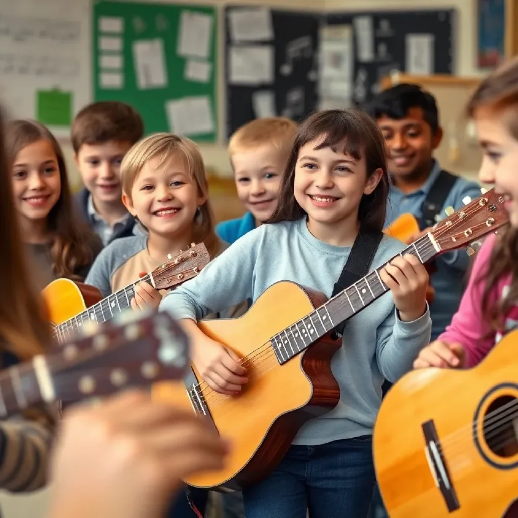 Students engaging with guitars in Asheville Middle School