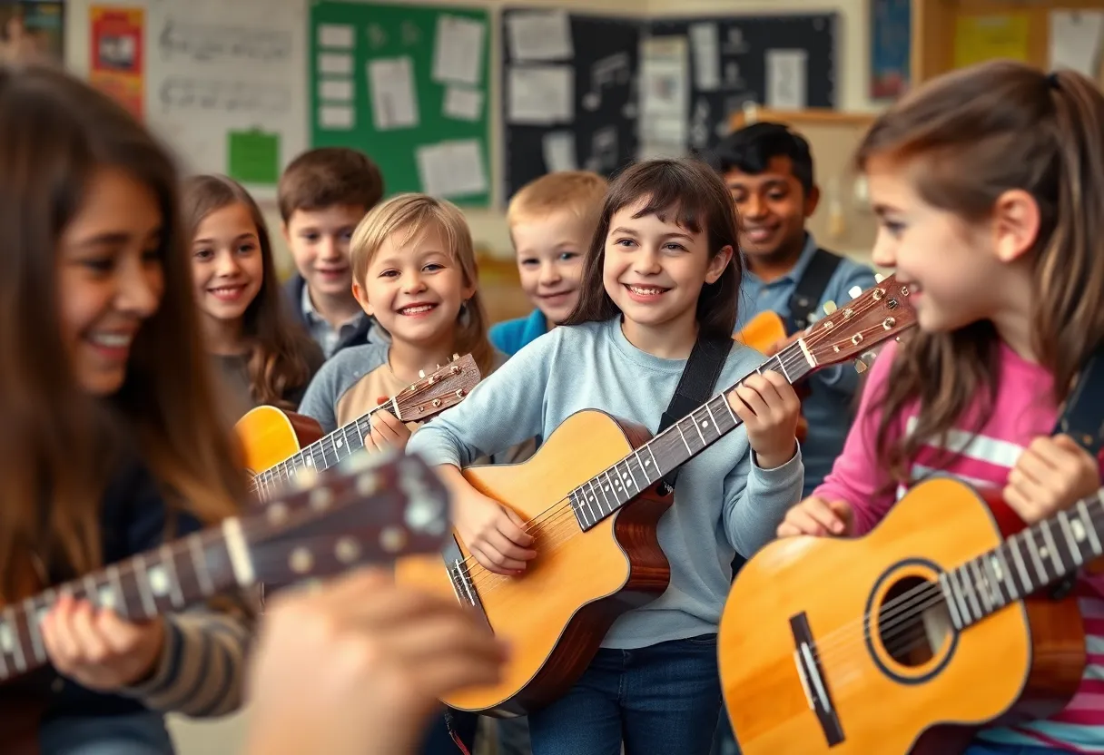Students engaging with guitars in Asheville Middle School