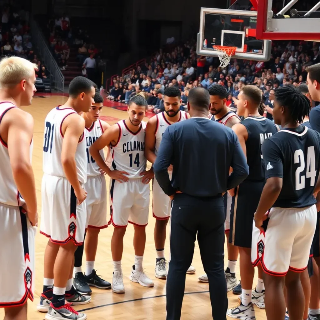 Professional basketball team huddle during a game