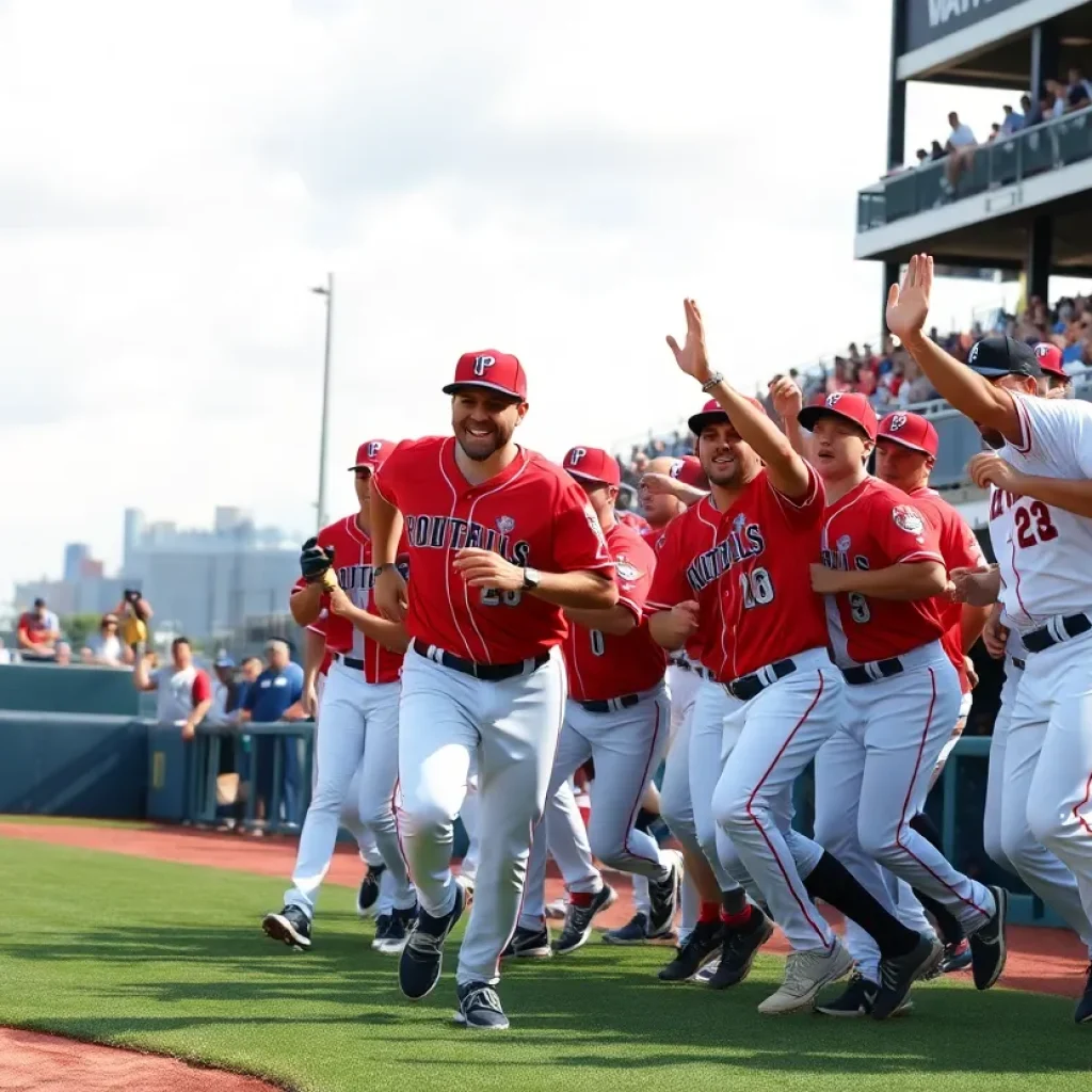 Charlotte baseball team celebrating a win in a game