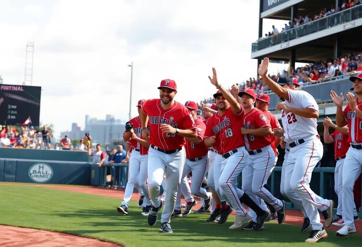 Charlotte baseball team celebrating a win in a game