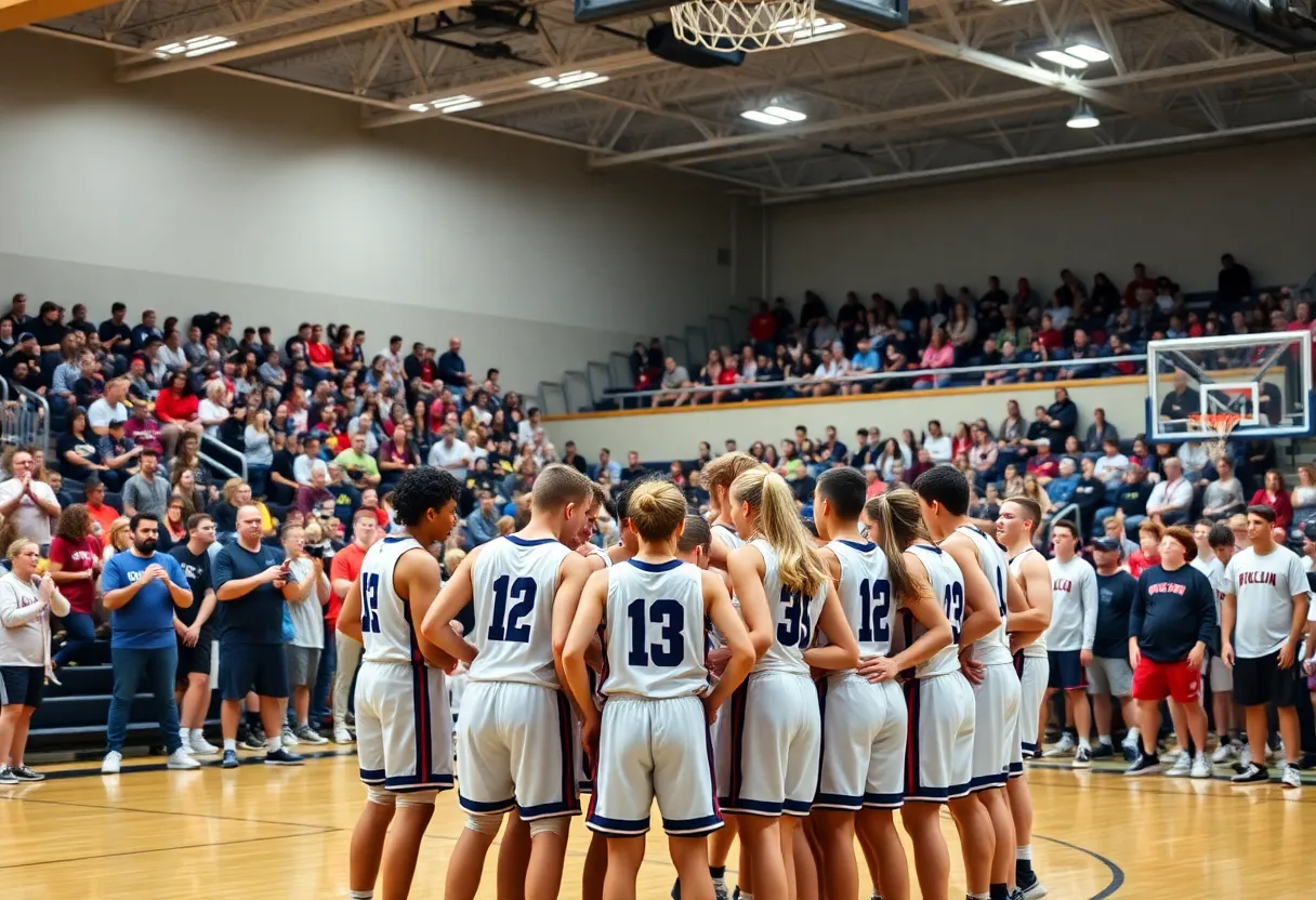 Christ School basketball team celebrating in gymnasium