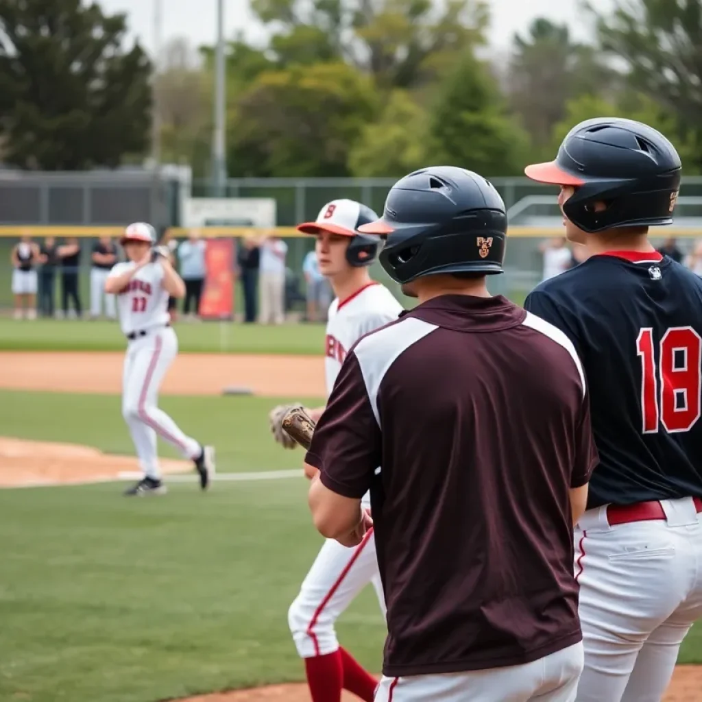 Players in a college baseball game demonstrating teamwork and sportsmanship.