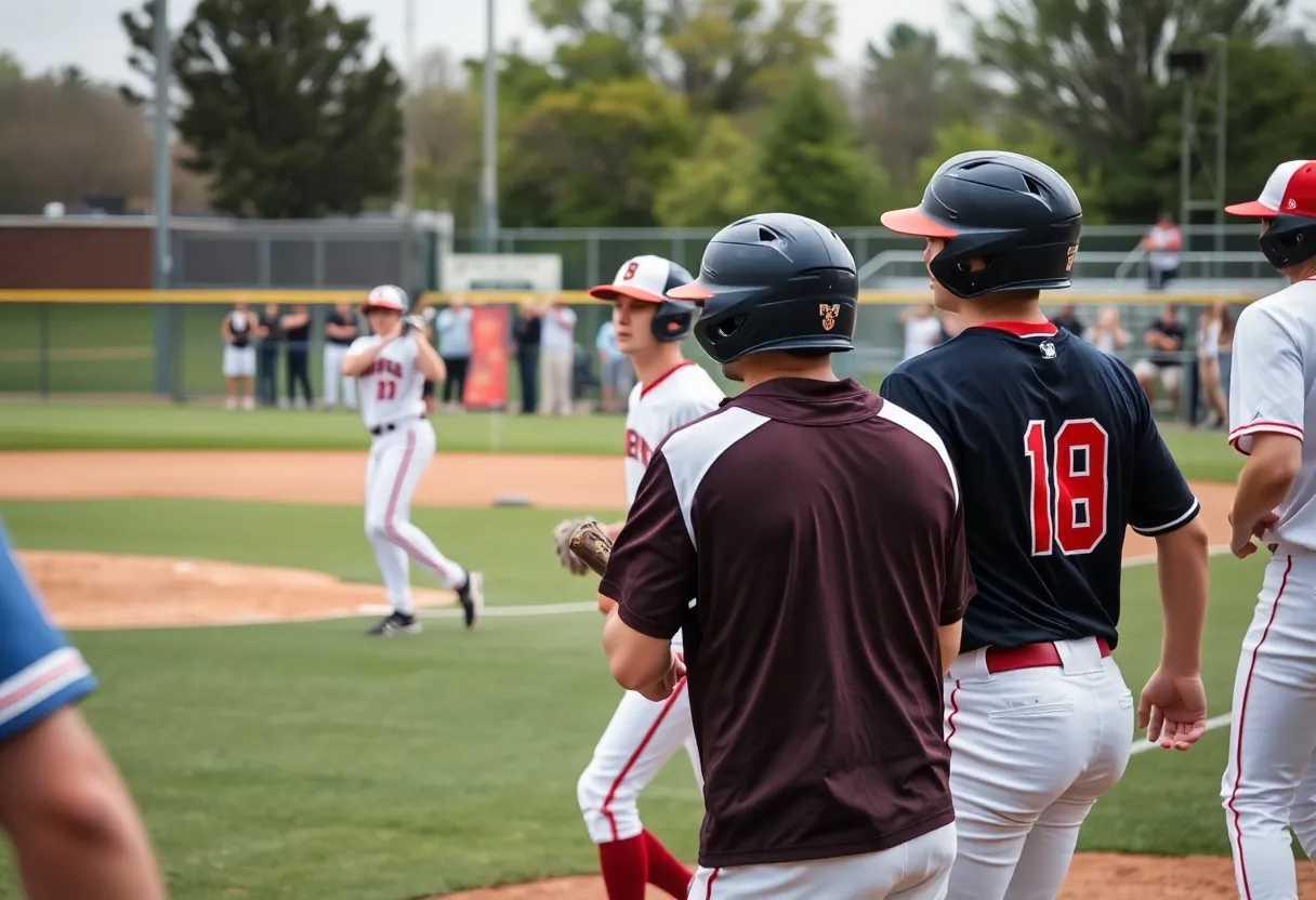 Players in a college baseball game demonstrating teamwork and sportsmanship.