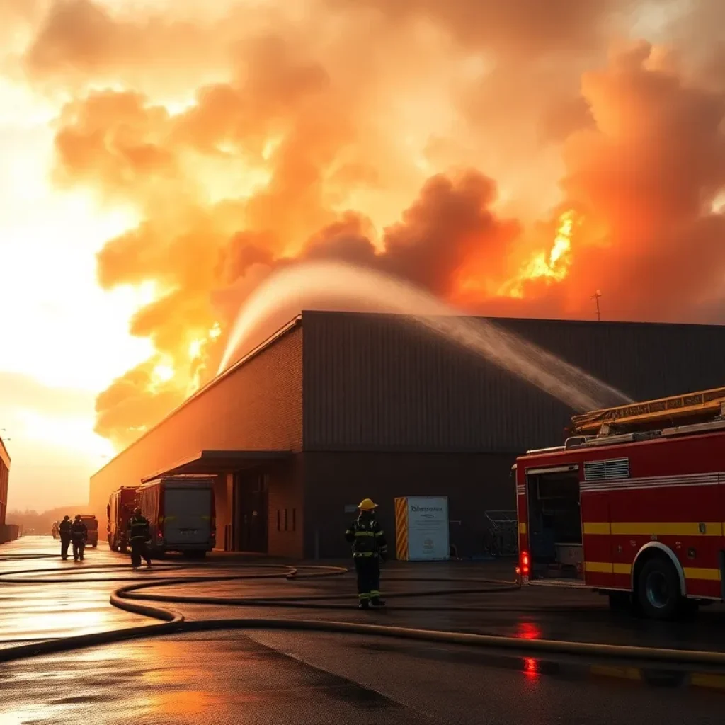 Firefighters extinguishing a massive fire at a warehouse