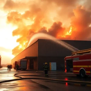 Firefighters extinguishing a massive fire at a warehouse