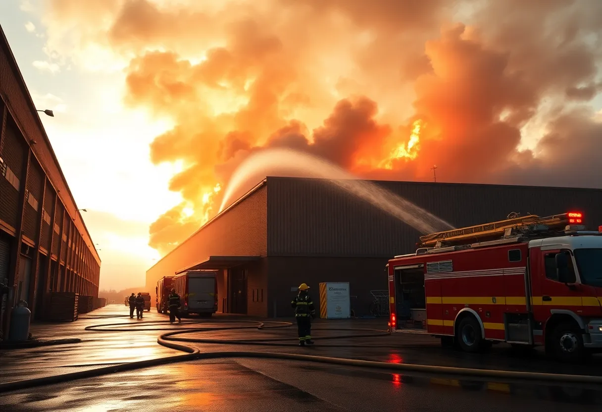 Firefighters extinguishing a massive fire at a warehouse