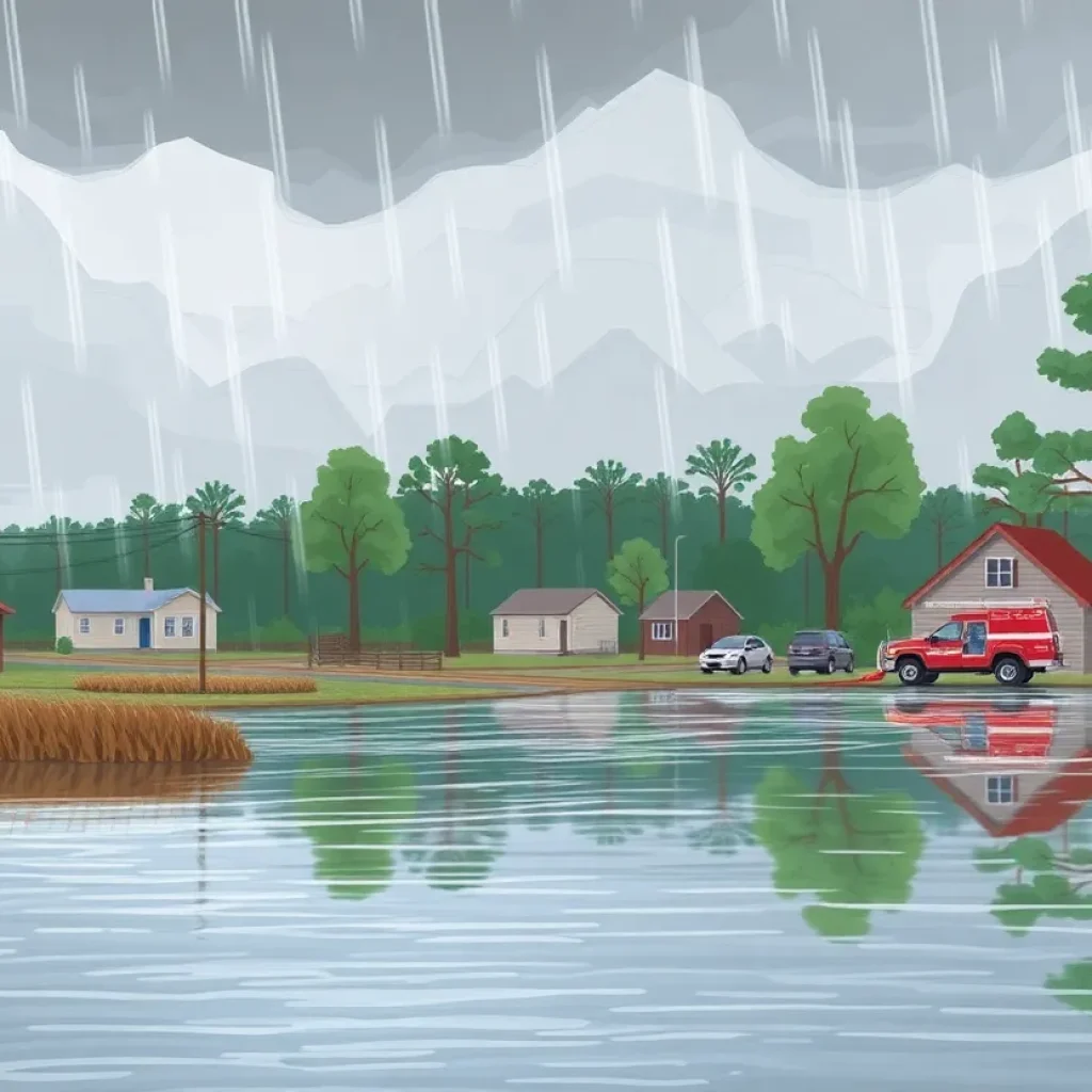 A scene of flooding in North Carolina with storm clouds above