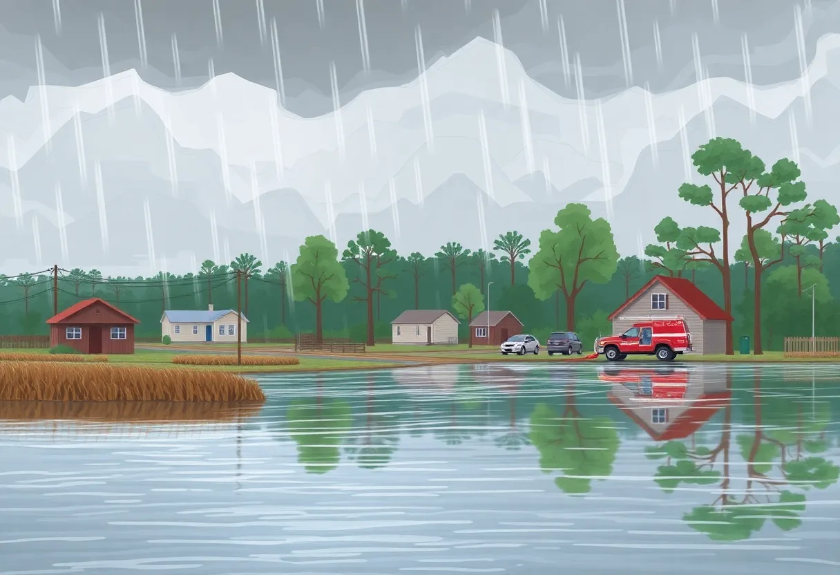 A scene of flooding in North Carolina with storm clouds above
