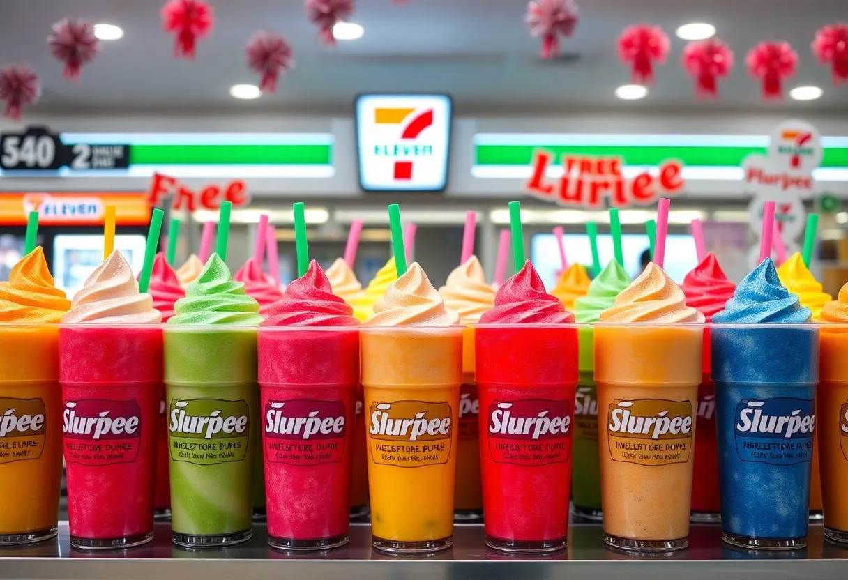 Assorted Slurpee drinks available for free on Free Slurpee Day at 7-Eleven.