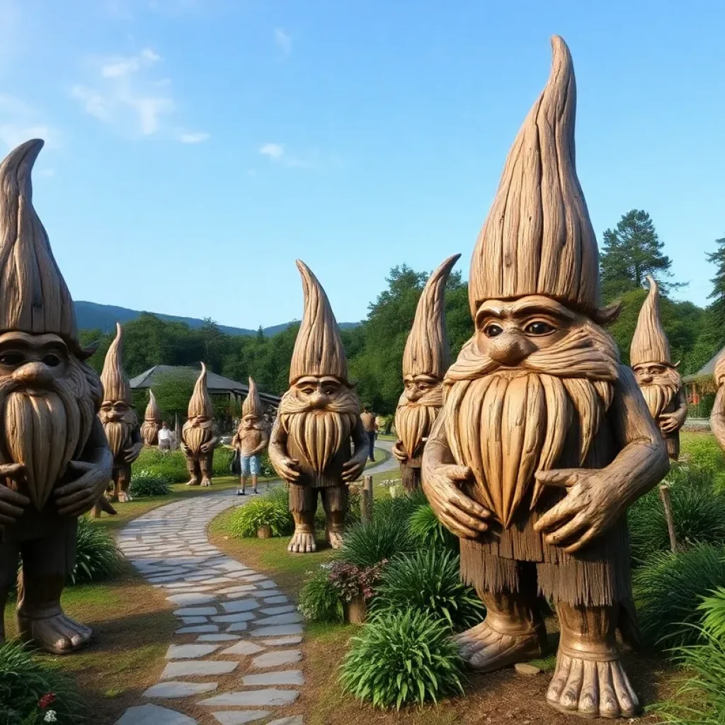 Giant wooden troll sculptures in a botanical garden setting