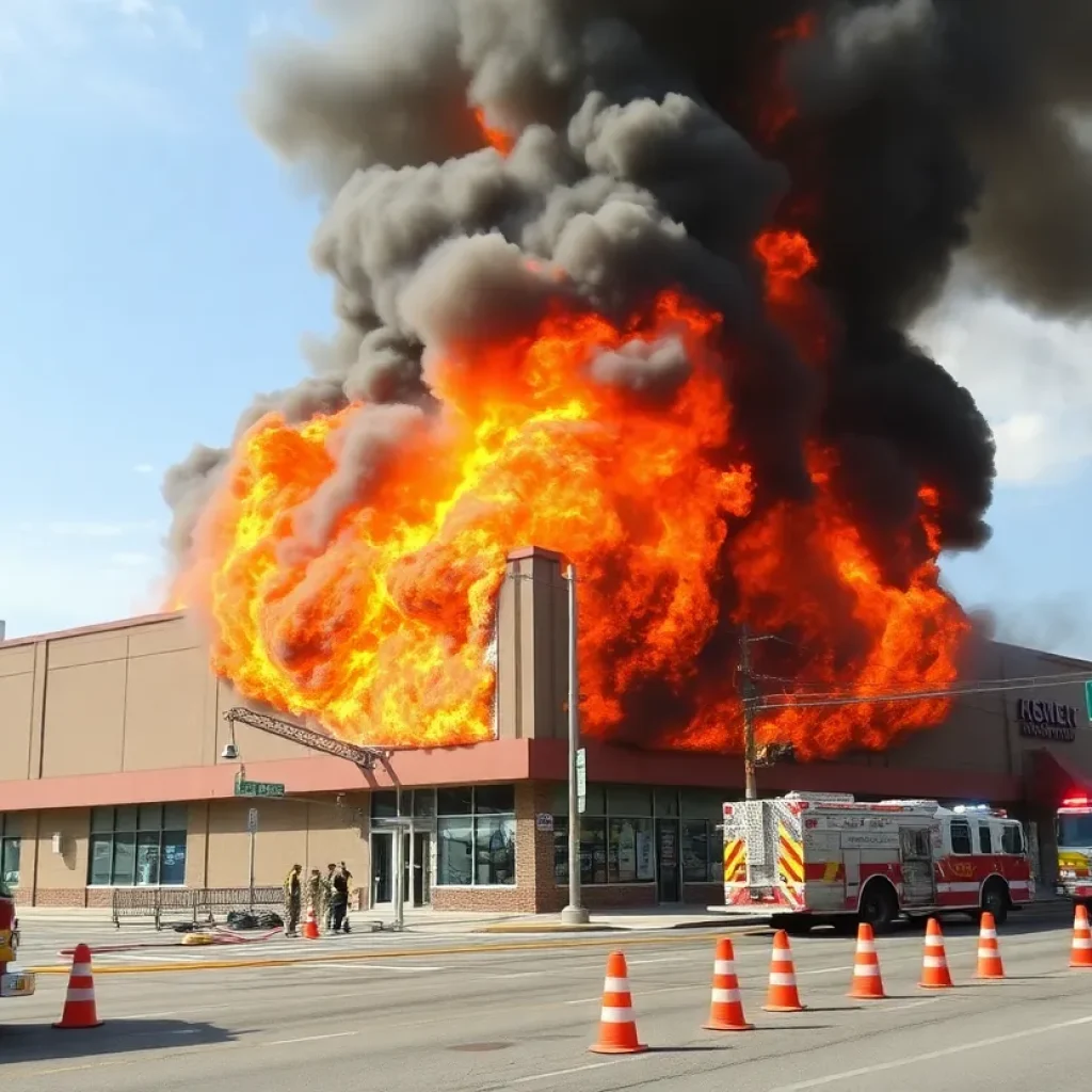 Firefighters battling a fire at a Goodwill outlet in Asheville, North Carolina.