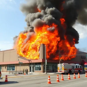 Firefighters battling a fire at a Goodwill outlet in Asheville, North Carolina.