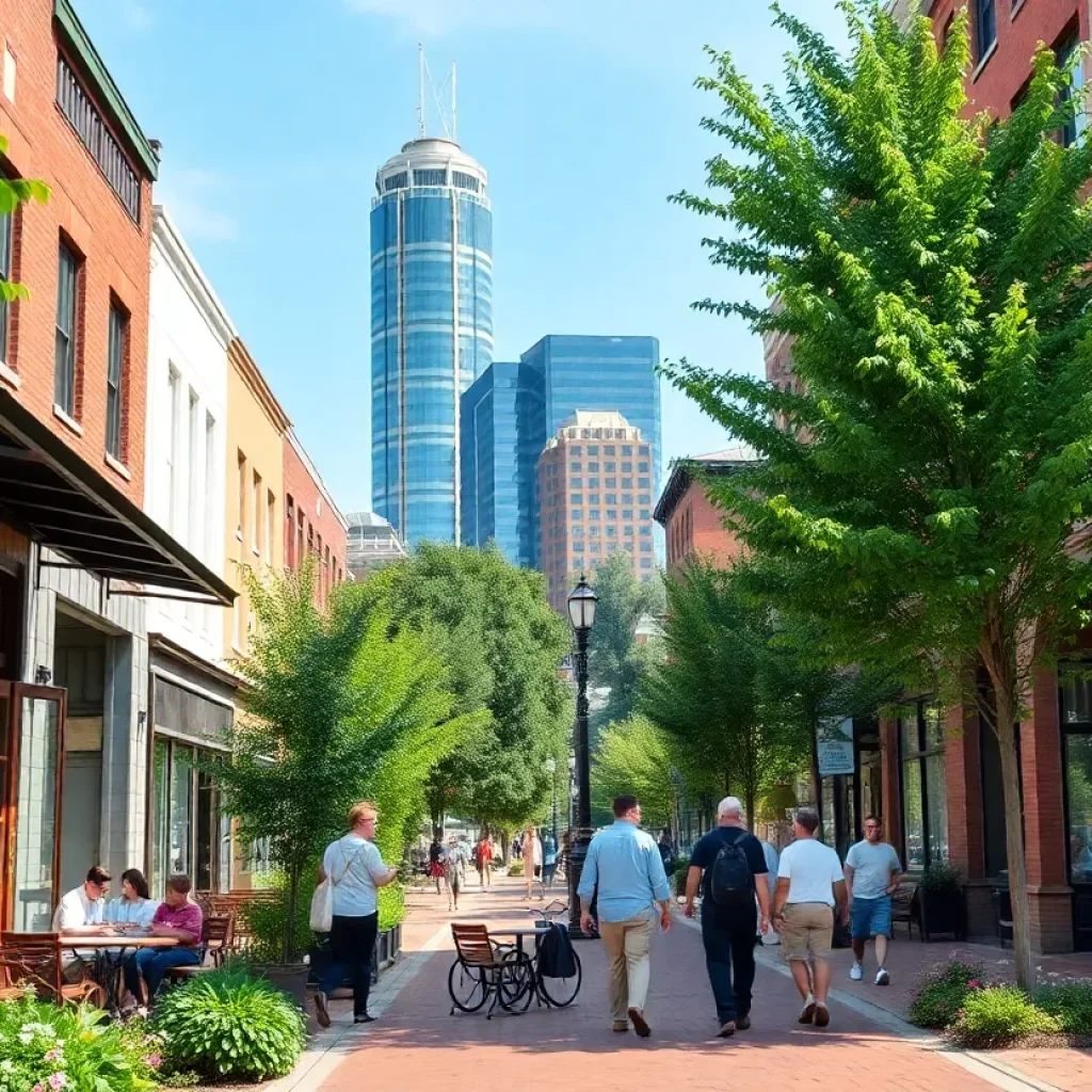 A picturesque view of Greensboro, North Carolina with urban parks and cafes.