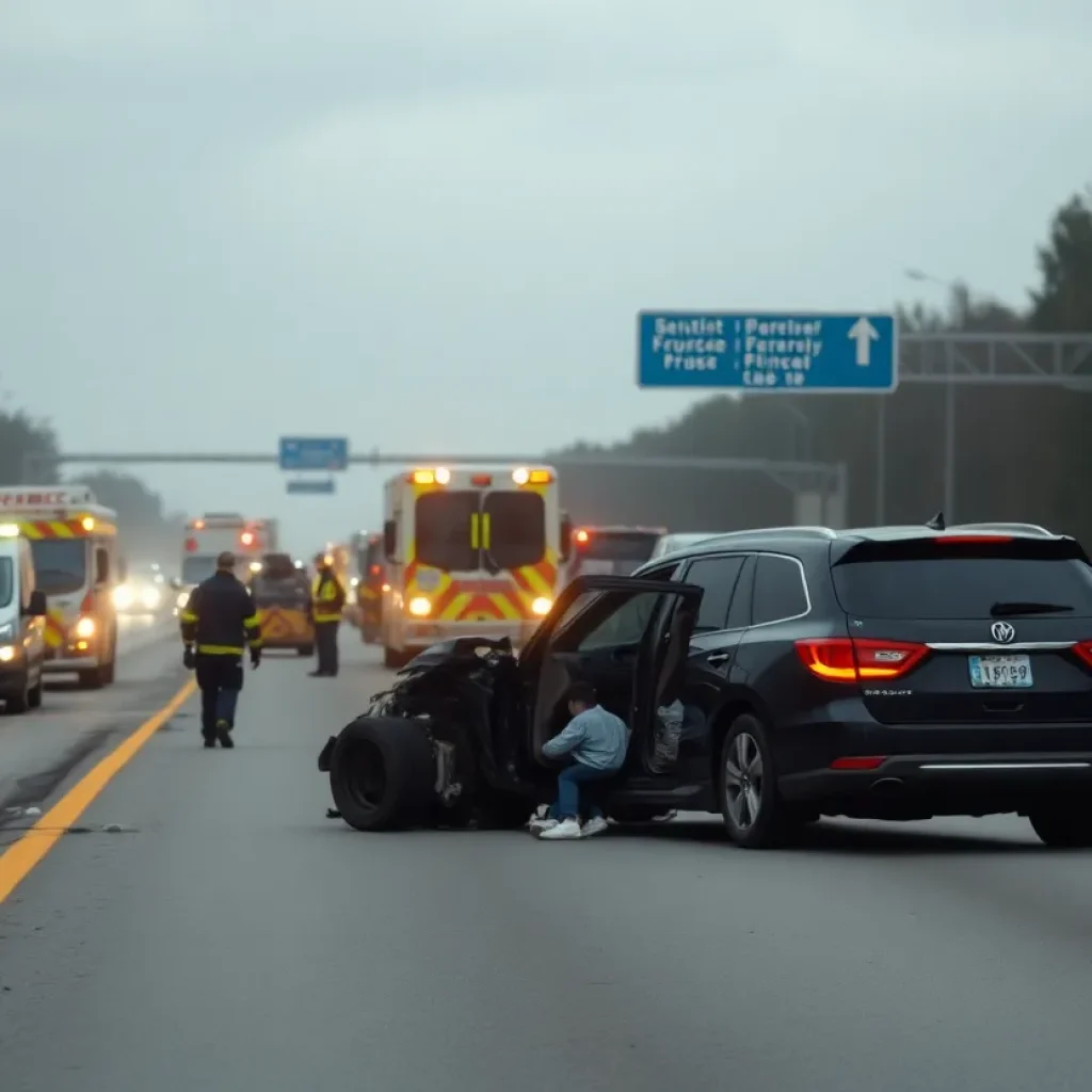Emergency responders at the scene of a head-on collision on a highway