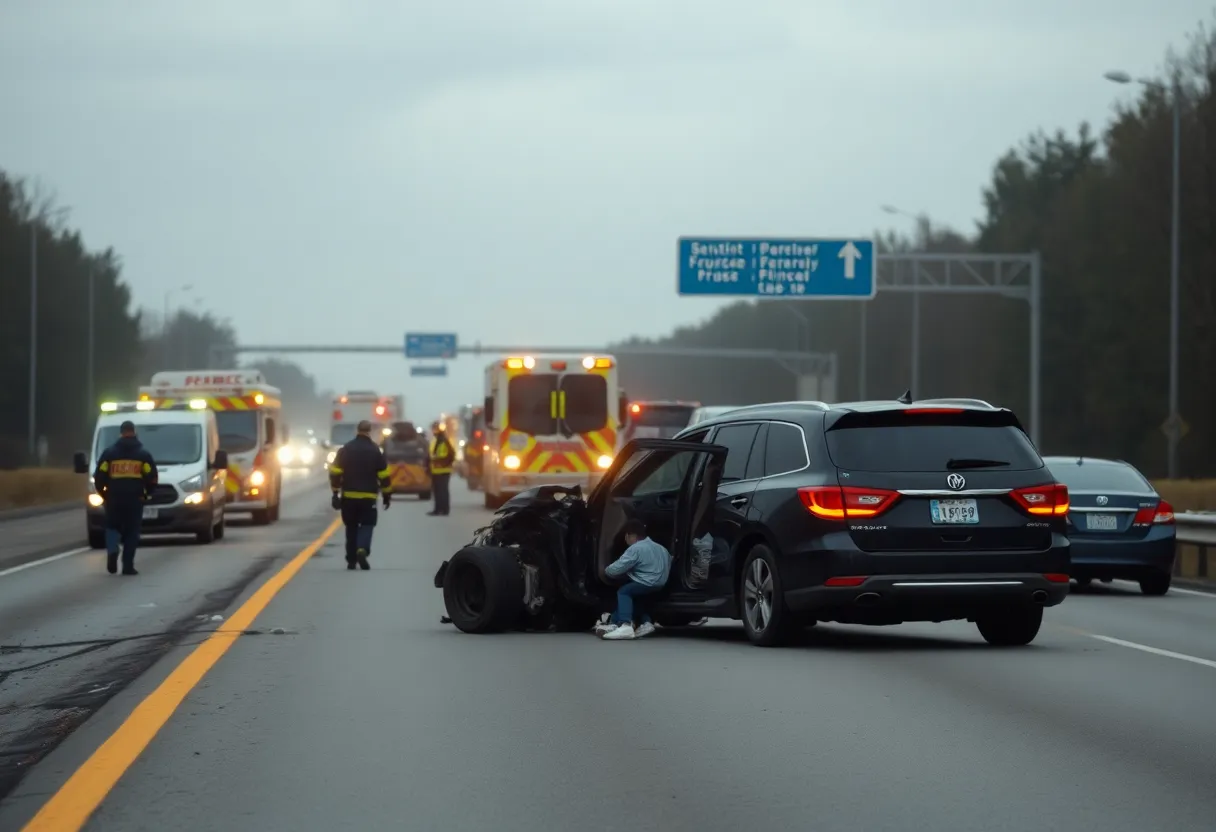 Emergency responders at the scene of a head-on collision on a highway