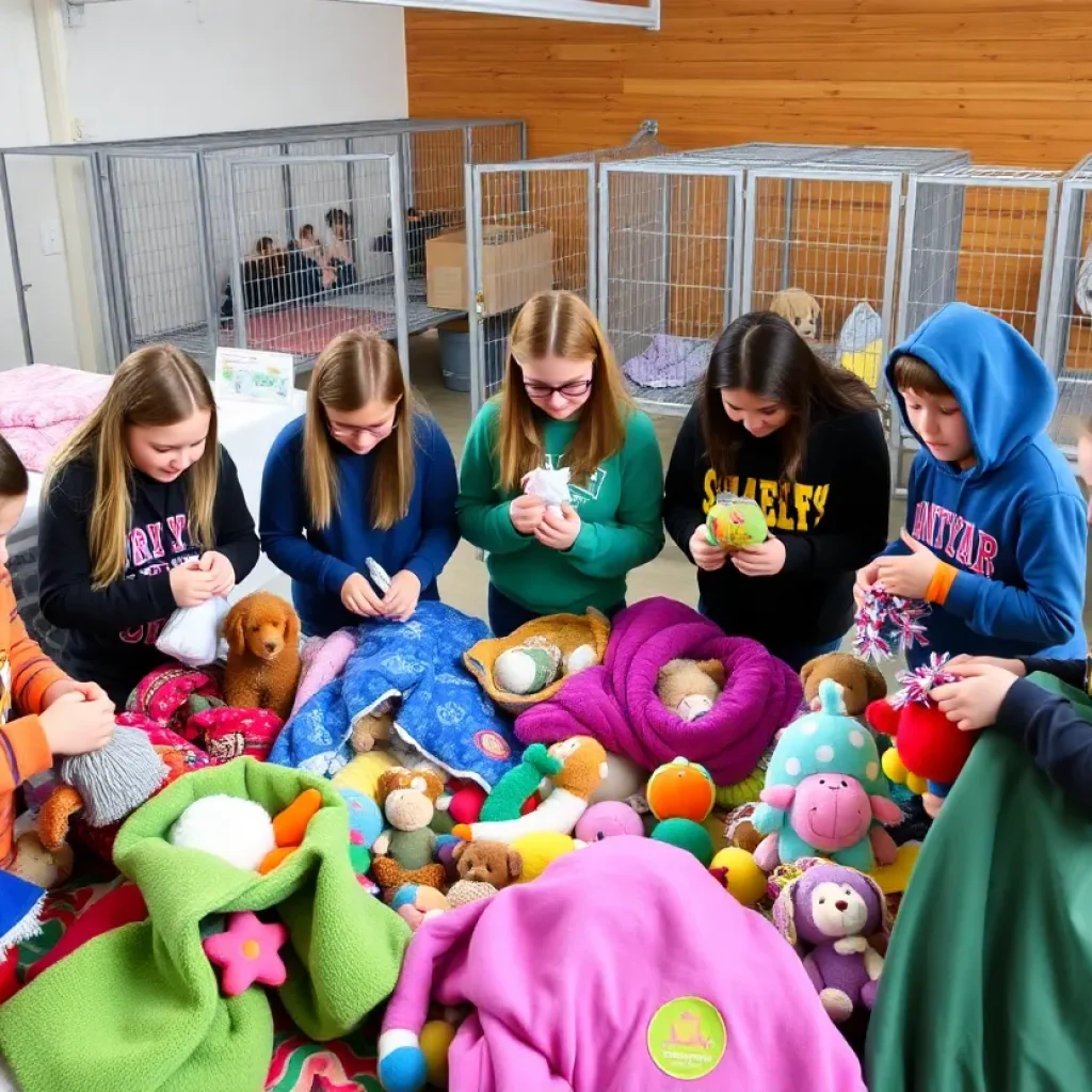 Students preparing donation kits for animal shelters