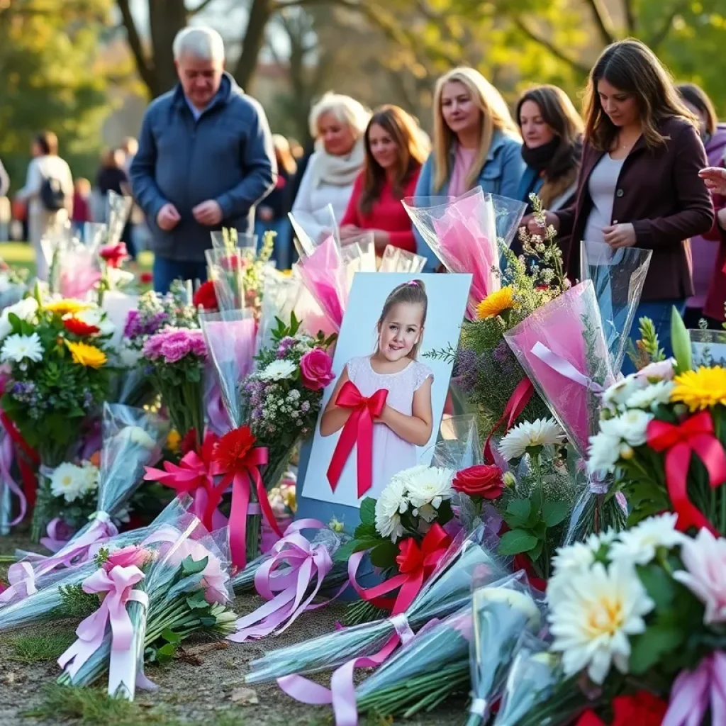 Community memorial for a young girl with flowers and ribbons.
