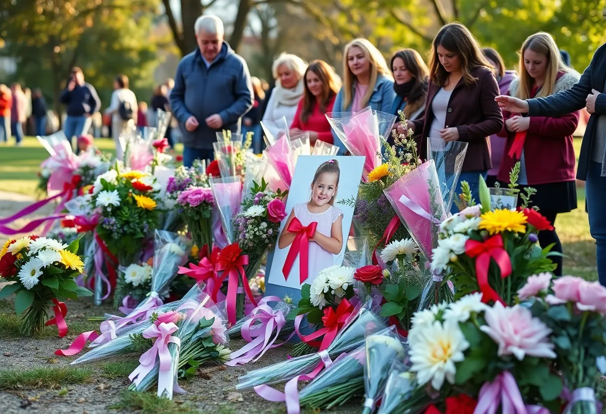 Community memorial for a young girl with flowers and ribbons.