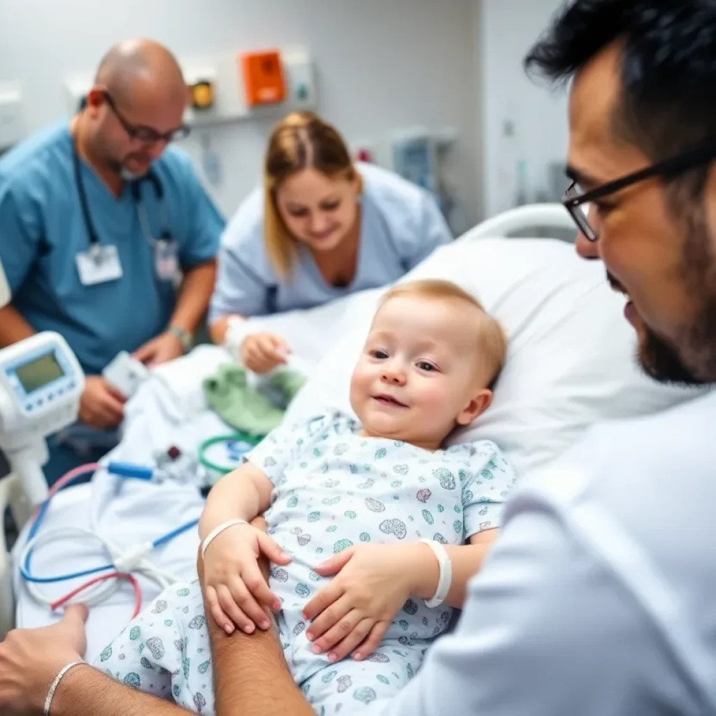 Child on ECMO machine receiving medical care in a hospital